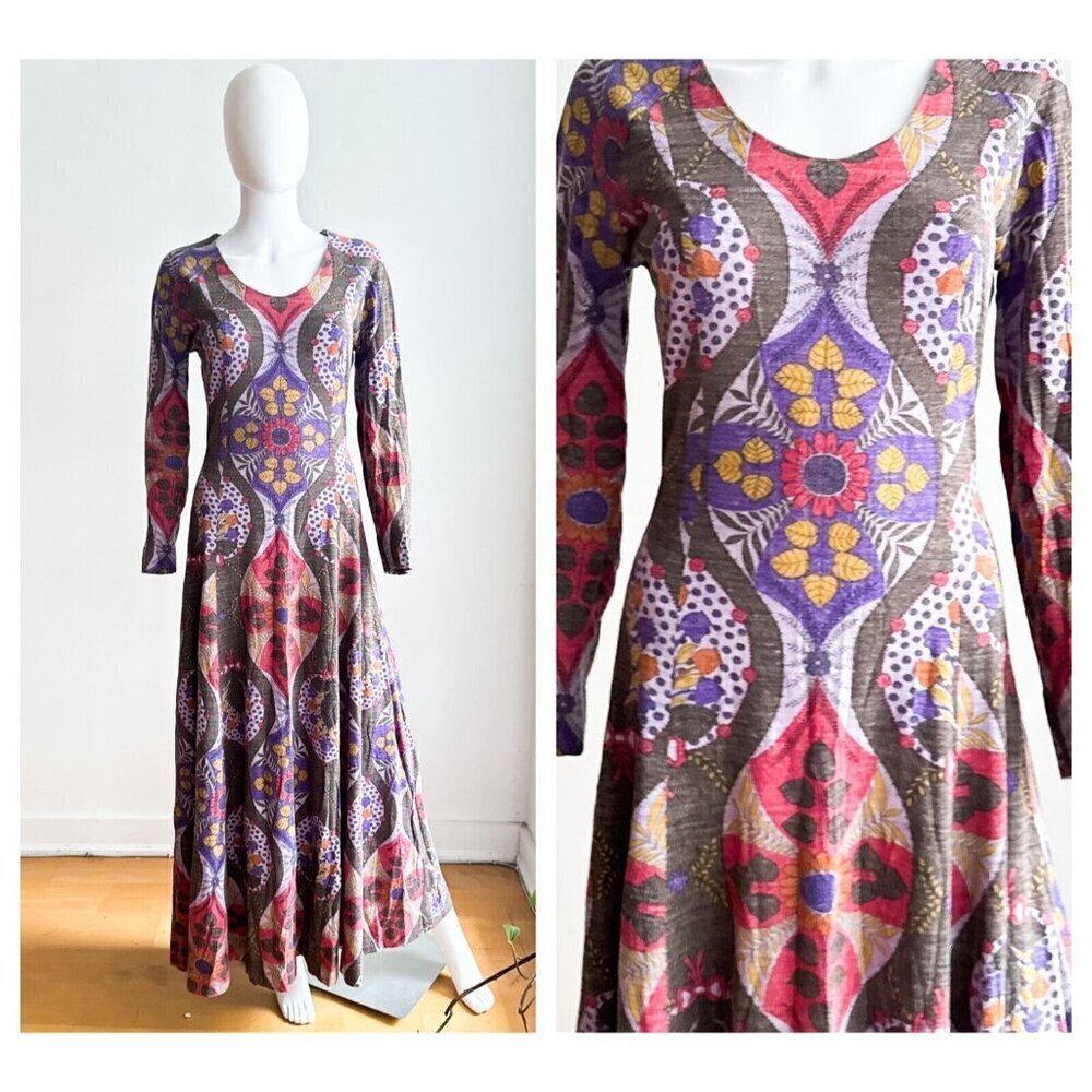 Vintage Psychedelic Print Muted Colours Long Sleeve A line Maxi Dress S